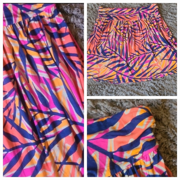 🔴 2/$10 LIKE NEW LB Colorful Leaf Print Pink Navy Coral Skirt Size 14/16 🍃 🍂 - Picture 9 of 9